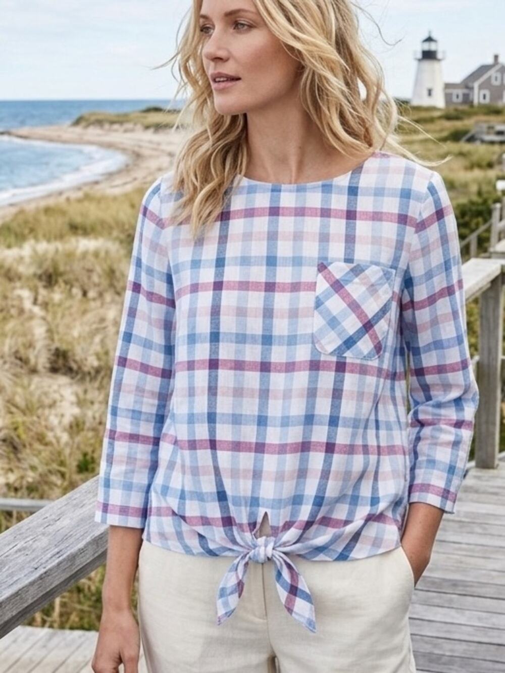 Barbour Harbourside Plaid Blouse Tie Hem Cotton Top NWT Sz 8